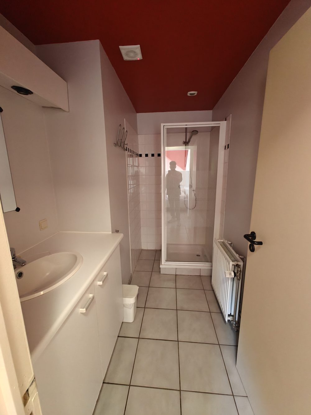 Avant travaux : salle de bain avec baignoire encastrée et cabine de douche au fond