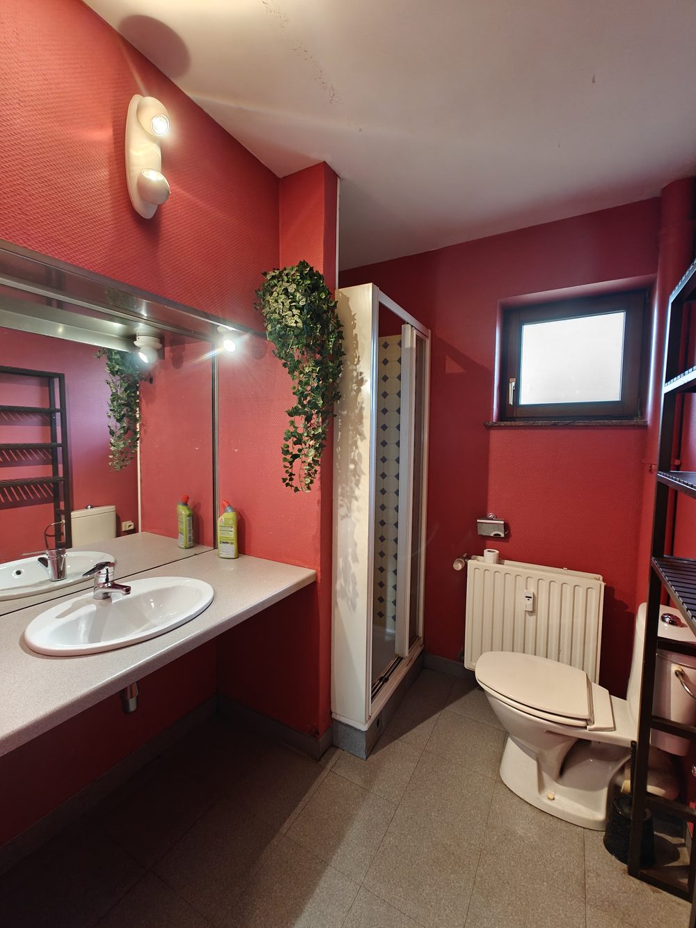 Avant travaux : salle de bain aux murs rouges, ancien lavabo et cabine de douche